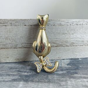 Vintage Cat Brooch Articulated Tail Rhinestone Collar Bow Gold Tone